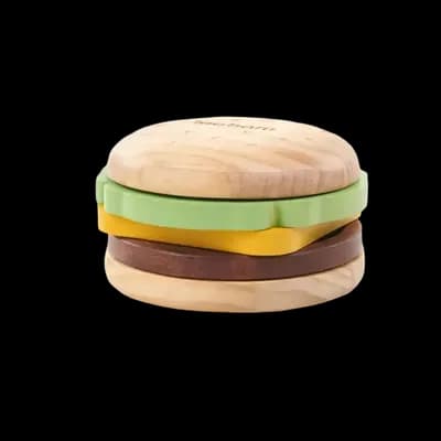 Thumbnail 400x400 for Juguete interactivo para perro fabricado en madera sostenible con forma de hamburguesa de tres capas (carne, queso y lechuga) para esconder premios y estimular el olfato.