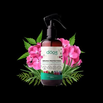 Thumbnail 400x400 for Bruma Protectora Ecológica The Doog Life 200ml sobre fondo negro rodeada de flores, repelente natural para perros contra pulgas y garrapatas disponible en Doggytech