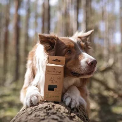 Thumbnail 400x400 for Perro Border Collie junto a una caja de bolsas biodegradables para excrementos con asas de 112 unidades en un entorno de naturaleza.