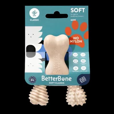 Thumbnail 400x400 for Juguete dental natural para perro BetterBone versión Soft Classic talla Mini, fabricado con celulosa y aceite vegetal sin nailon, ideal para la dentición de cachorros.
