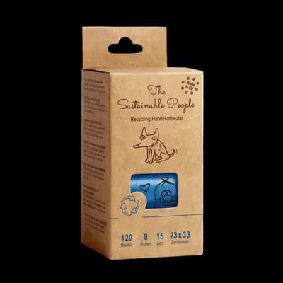 Thumbnail 400x400 for Caja de cartón kraft de bolsas biodegradables para perro The Sustainable People, con ilustración de un perro y datos técnicos: 120 bolsas, 8 rollos, 15 µm, 23x33 cm.