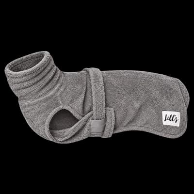 Thumbnail 400x400 for Albornoz de secado para perros en rizo de algodón orgánico gris piedra con cuello alto y cinturón de ajuste